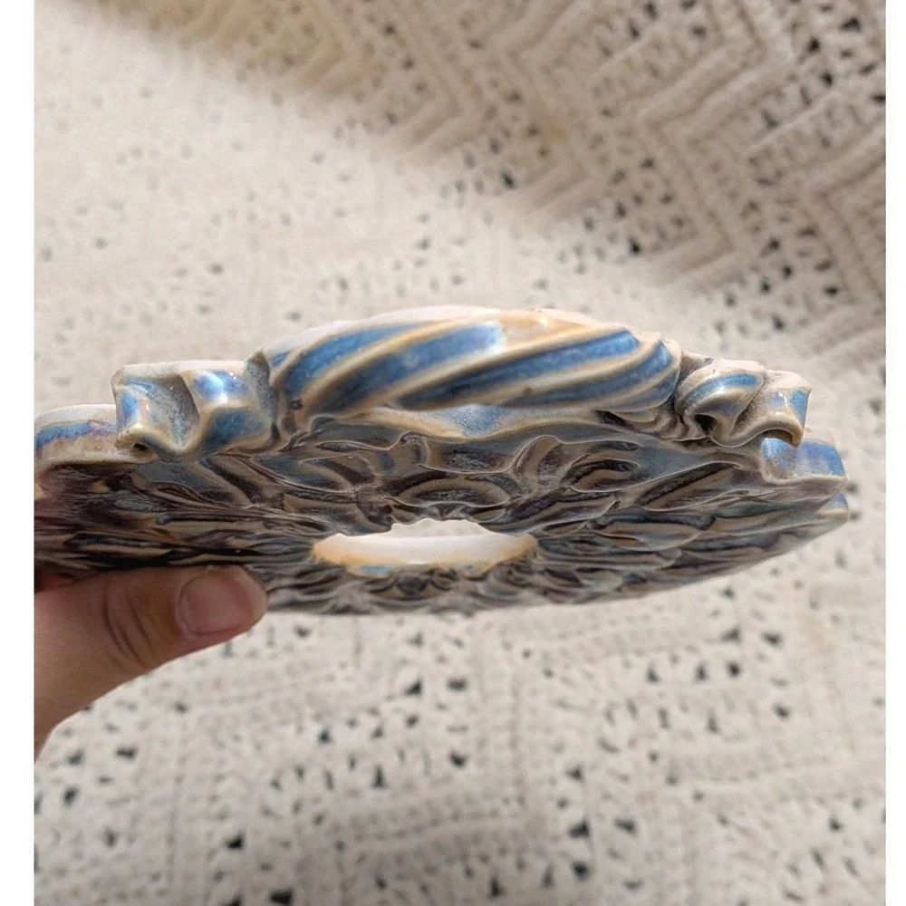 Vintage Studio Pottery Blue Purple Ceramic Wall Plaque Trivet Scalloped 8in